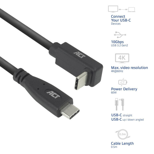 ACT Кабел USB-C - USB-C, 10Gbps, 60W, 0.5 м, конектори - 1x прав и 1x на 90° up/down angled