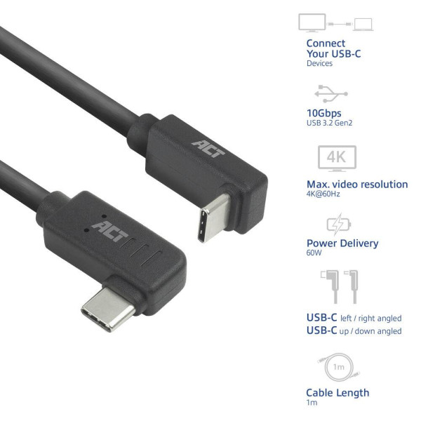 ACT Кабел USB-C - USB-C, 10Gbps, 60W, 1 m, конектори 90° left/right, up/down angled