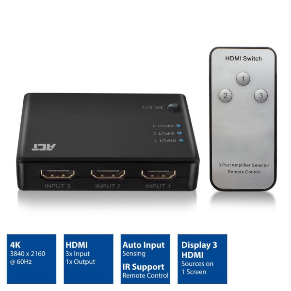 3 портов HDMI суич ACT , 4K@60Hz, USB, Дистанционно, Черен