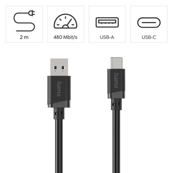HAMA Кабел USB-A - USB-C, 2 м, черен