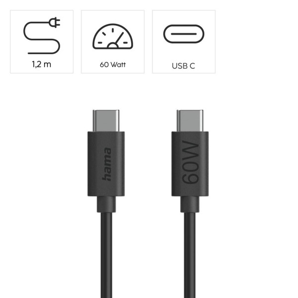 HAMA Кабел за зареждане USB-C - USB-C, 60 W, 1.2 м, черен