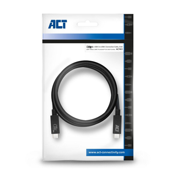 Кабел ACT USB-C - USB-C, 0.8 м / USB4, 40Gbps, 240W, сертифициран USB-IF
