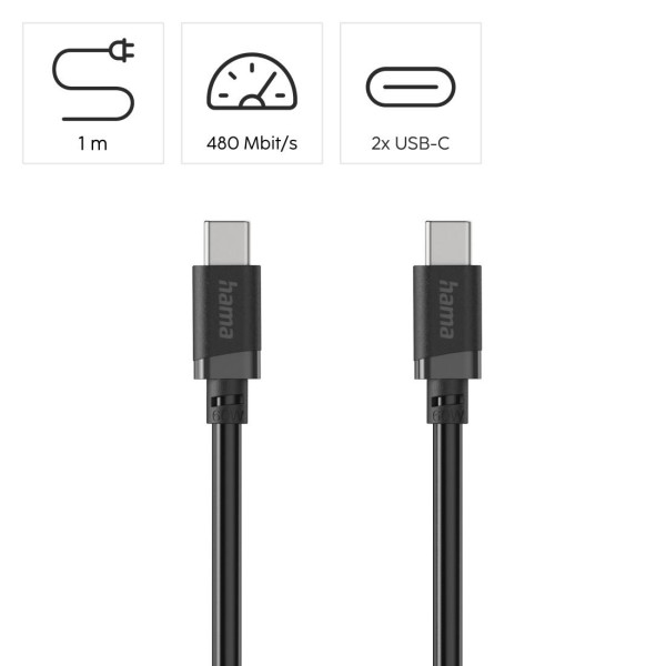 HAMA Кабел USB-C мъжко– USB-C мъжко, 60 W, 1 m, черен