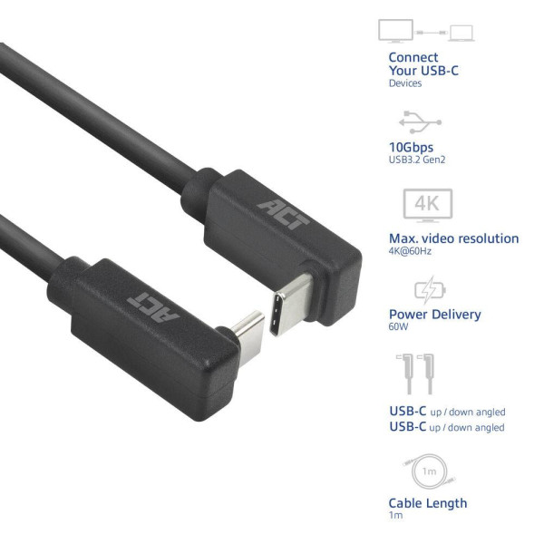 ACT Кабел USB-C 10Gbps, 60W, 1м, конектори на 90° up/down angled