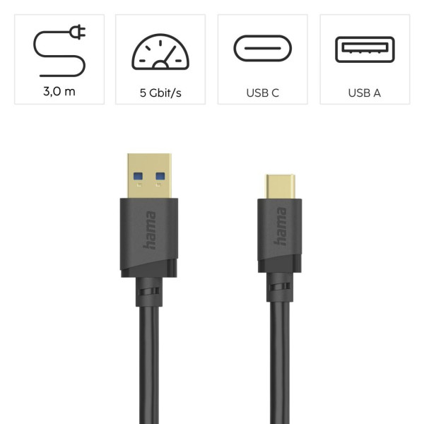 HAMA Кабел USB-A - USB-C 3.2 Gen.1 мъжко, 3.0 м, 5GBit/s