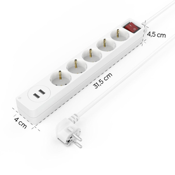 Разклонител HAMA USB 3.4A, 5 гнезда, 2x USB, 3400mA, 223183