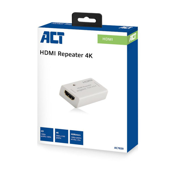 HDMI повторител ACT AC7820, Усилва HDMI сигнал до 40 м, Поддържа 4K