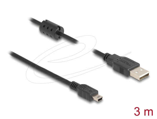 Кабел Delock USB 2.0 мъжко към mini-B USB 2.0  мъжко, двойно екраниран, трансфер до 480 Mb/s, 3.0м,  Черен