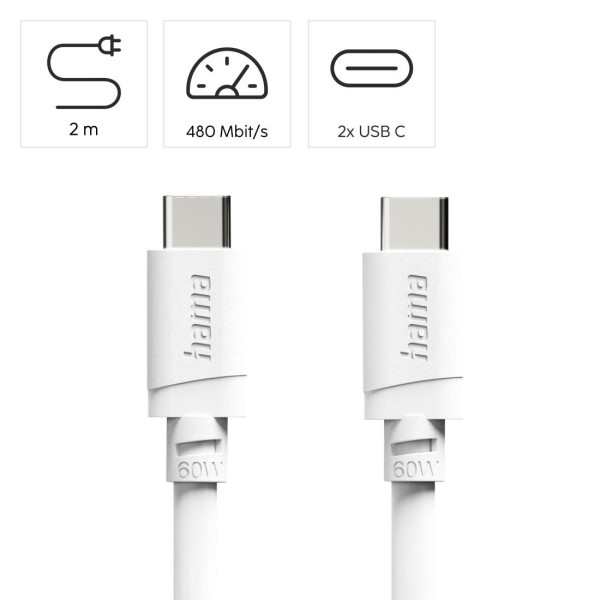 HAMA Кабел USB-C - USB-C, 60W, 2 м, бял
