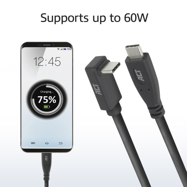 ACT Кабел USB-C - USB-C, 10Gbps, 60W, 0.5 м, конектори - 1x прав и 1x на 90° up/down angled
