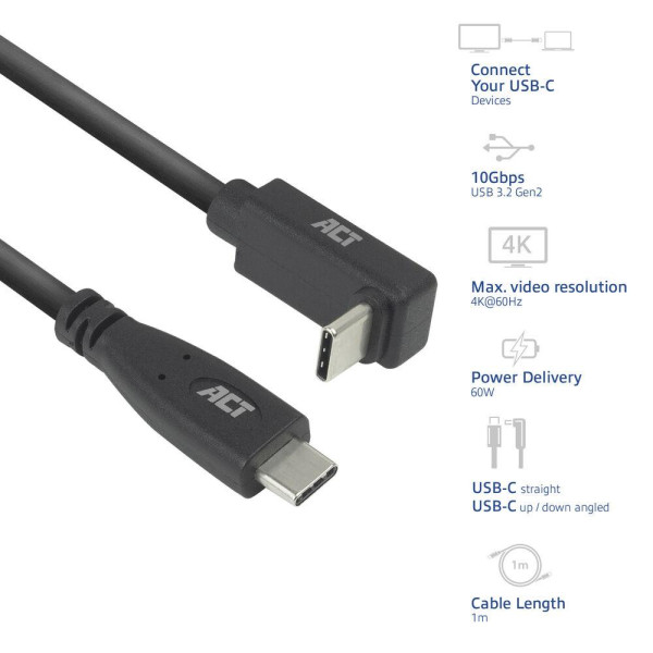ACT Кабел USB-C - USB-C, 10Gbps, 60W, 1 м, конектори - 1 x прав и 1 x на 90° up/down angled