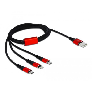 Кабел за зареждане Delock  3 в 1, USB - Lightning/ Micro USB/ USB-C, 1м, Черен/Червен