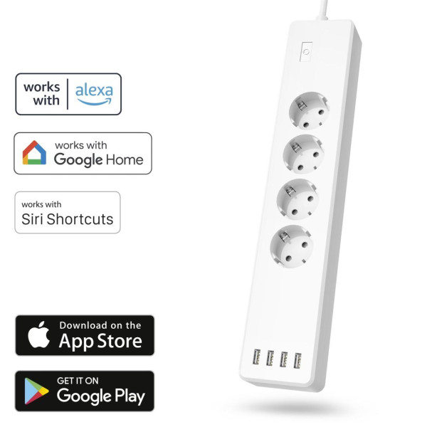 HAMA Смарт разклонител Wi-Fi  2.4Ghz, 4 гнезда, 4xUSB, 1.7 m, бял