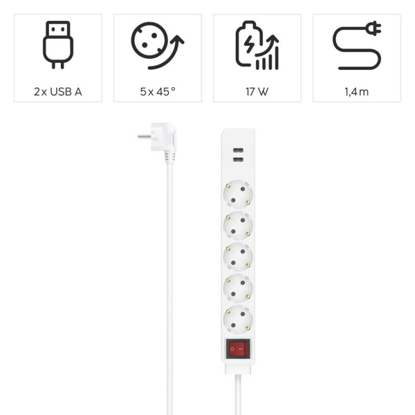 Разклонител HAMA USB 3.4A, 5 гнезда, 2x USB, 3400mA, 223183